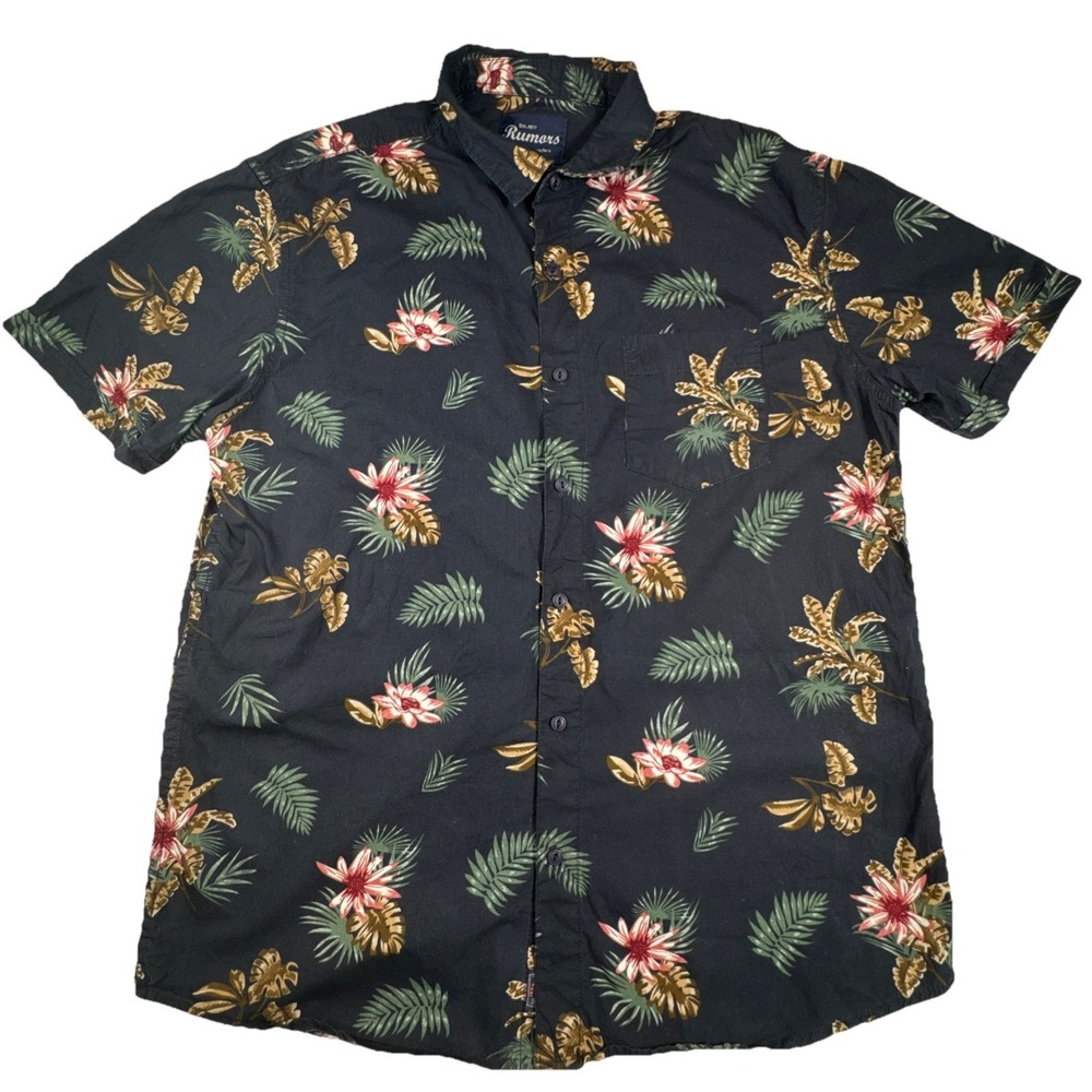 Rumors Button Down Shirt Tropical Floral Palm Print Short Sleeve Large Navy Blue